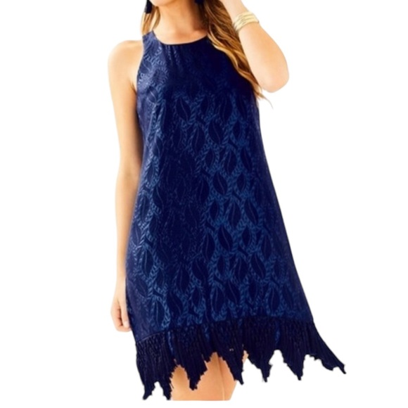 Lilly Pulitzer Marquette Silk Metallic Blue Leaf Jacquard Fringe Shift Dress - S - Picture 16 of 16